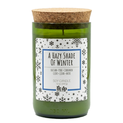 A Hazy Shade of Winter scented 12 oz. soy candle in upcycled wine bottle - FKA Alpine Cheer