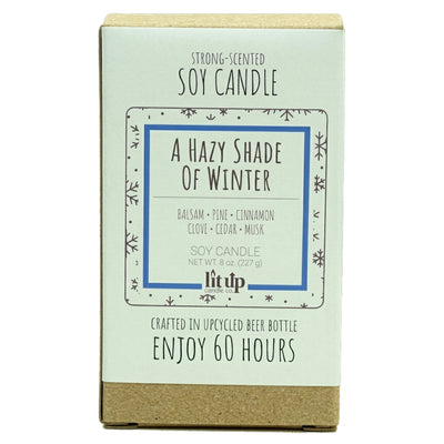 A Hazy Shade of Winter scented 8 oz. soy candle in upcycled beer bottle - FKA Alpine Cheer