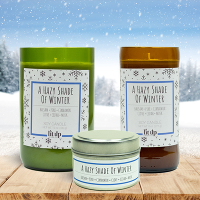A Hazy Shade of Winter scented 8 oz. soy candle in upcycled beer bottle - FKA Alpine Cheer