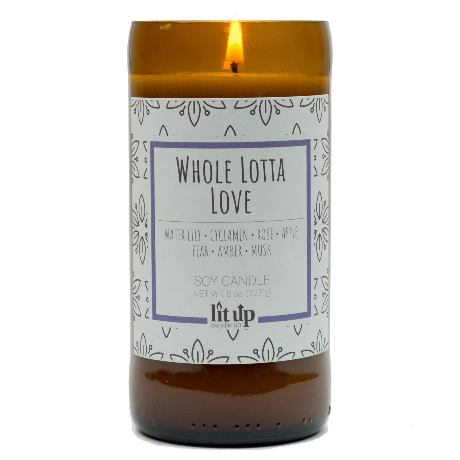 Whole Lotta Love scented 8 oz. soy candle in upcycled beer bottle
