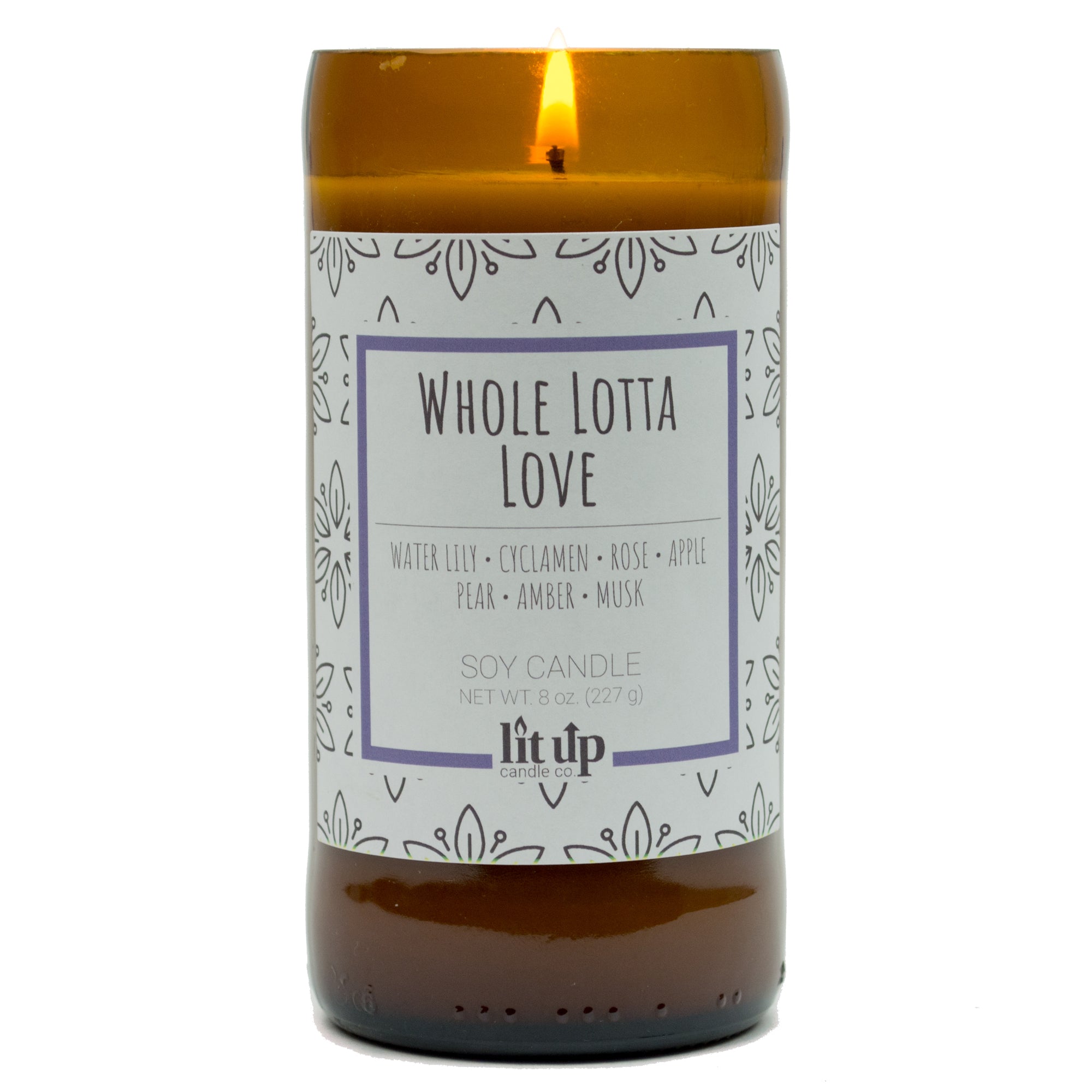Whole Lotta Love scented 8 oz. soy candle in upcycled beer bottle