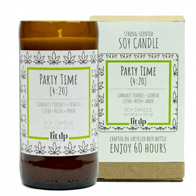 Party Time (4:20) 8 oz. soy candle in upcycled beer bottle | Cannabis, Jasmine, Cedar
