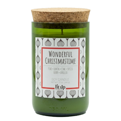 Wonderful Christmastime scented 12 oz. soy candle in upcycled wine bottle - FKA Christmas Hearth