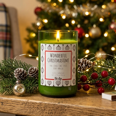 Wonderful Christmastime 12 oz. soy candle in upcycled wine bottle | Pine, Berry, Citrus, Spices