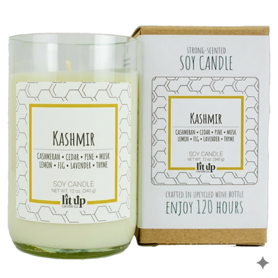 Kashmir scented 12 oz. soy candle in upcycled wine bottle - FKA Cashmere