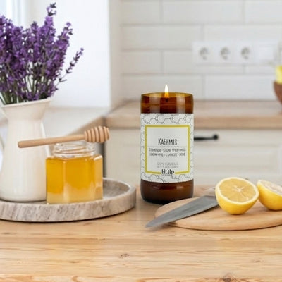 Kashmir scented 8 oz. soy candle in upcycled beer bottle - FKA Cashmere