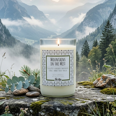 Mountains in the Mist scented 12 oz. soy candle in upcycled wine bottle - FKA Earthen Oak