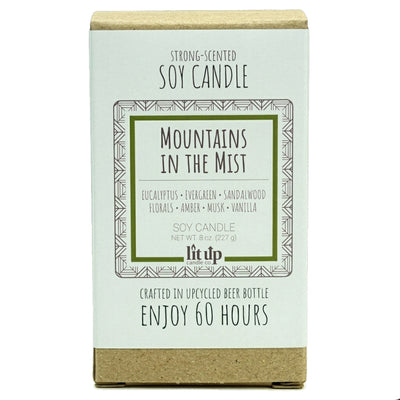 Mountains in the Mist scented 8 oz. soy candle in upcycled beer bottle - FKA Earthen Oak
