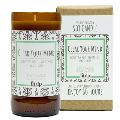 Clear Your Mind 8 oz. soy candle in upcycled beer bottle | Eucalyptus, Jasmine, Mint