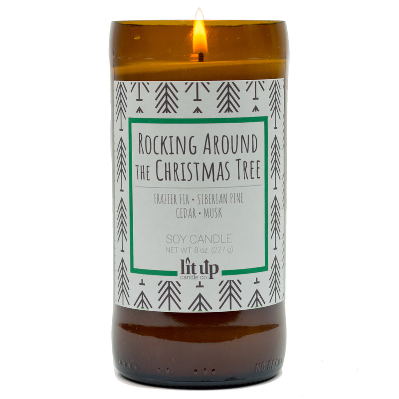 Rocking Around the Christmas Tree scented 8 oz. soy candle in upcycled beer bottle - FKA Frazier Fir