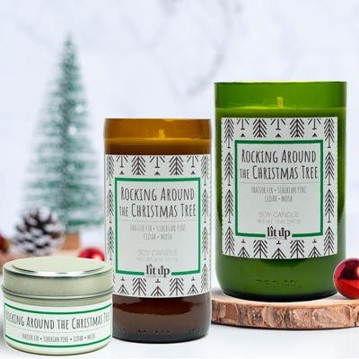 Rocking Around the Christmas Tree scented 12 oz. soy candle in upcycled wine bottle - FKA Frazier Fir