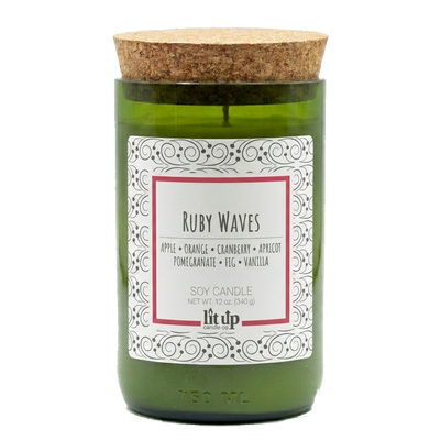 Ruby Waves scented 12 oz. soy candle in upcycled wine bottle