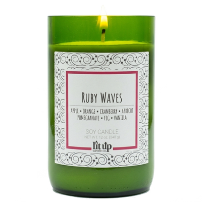 Ruby Waves scented 12 oz. soy candle in upcycled wine bottle