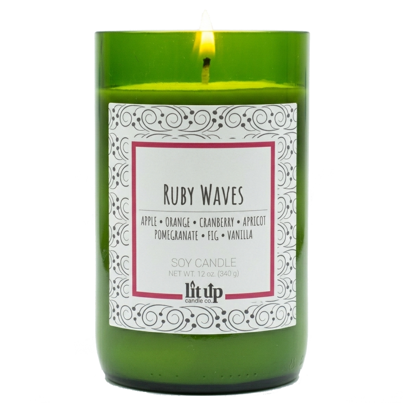 Ruby Waves scented 12 oz. soy candle in upcycled wine bottle