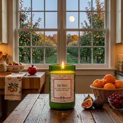 Ruby Waves 12 oz. soy candle lit on kitchen counter with fruits and an apple orchard visible through the window