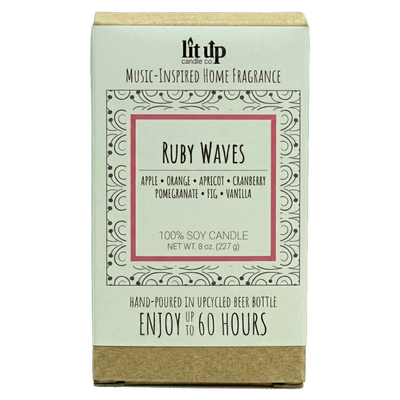 Ruby Waves scented 8 oz. soy candle in upcycled beer bottle