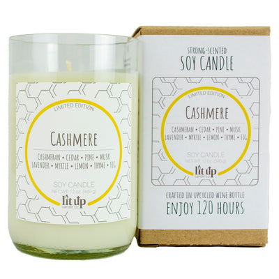Kashmir scented 12 oz. soy candle in upcycled wine bottle - FKA Cashmere