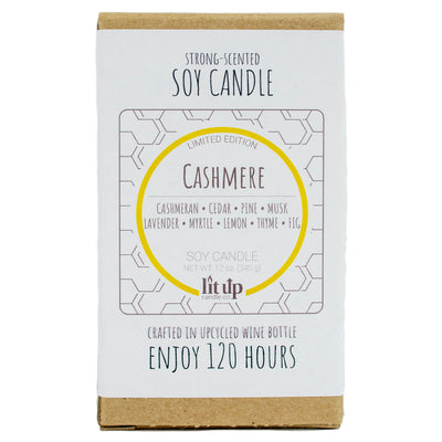 Kashmir scented 12 oz. soy candle in upcycled wine bottle - FKA Cashmere