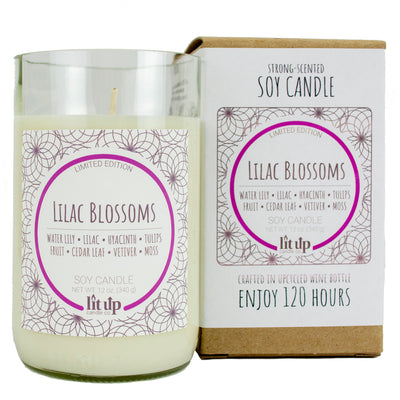 Lilac Blossoms scented 12 oz. soy candle in upcycled wine bottle - Limited Edition