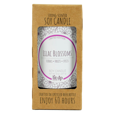 Lilac Blossoms scented 8 oz. soy candle in upcycled beer bottle - Limited Edition