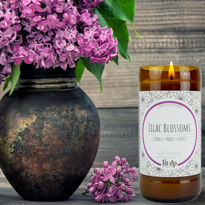 Lilac Blossoms scented 8 oz. soy candle in upcycled beer bottle - Limited Edition