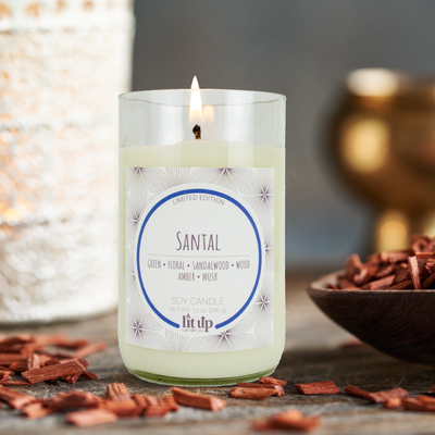 Sharp Dressed Man scented 12 oz. soy candle in upcycled wine bottle - FKA Santal
