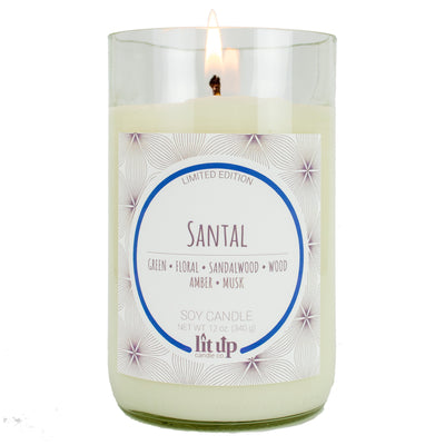 Sharp Dressed Man scented 12 oz. soy candle in upcycled wine bottle - FKA Santal