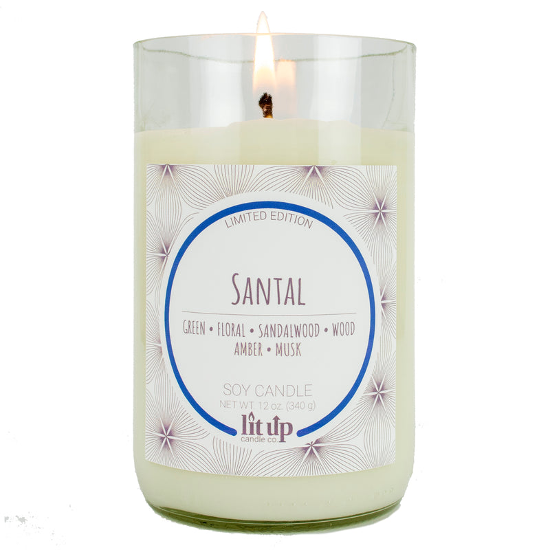 Sharp Dressed Man scented 12 oz. soy candle in upcycled wine bottle - FKA Santal