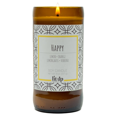 Happy scented 8 oz. soy candle in upcycled beer bottle - FKA Lemon Verbena