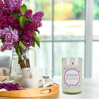 Lilac Blossoms scented 12 oz. soy candle in upcycled wine bottle - Limited Edition