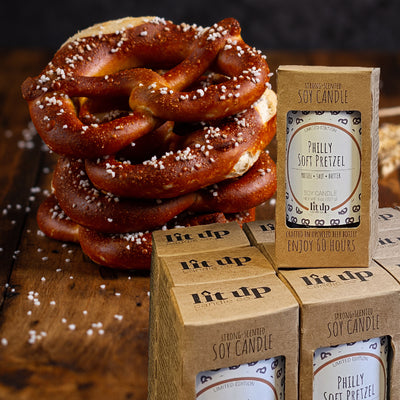 Philly Soft Pretzel scented candles with salted soft pretzels.