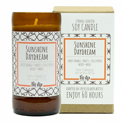 Sunshine Daydream 8 oz. soy candle in upcycled beer bottle | Sweet Orange, Chili Pepper