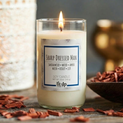 Sharp Dressed Man scented 12 oz. soy candle in upcycled wine bottle - FKA Santal