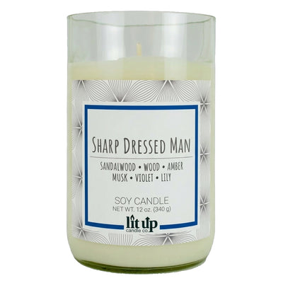 Sharp Dressed Man scented 12 oz. soy candle in upcycled wine bottle - FKA Santal