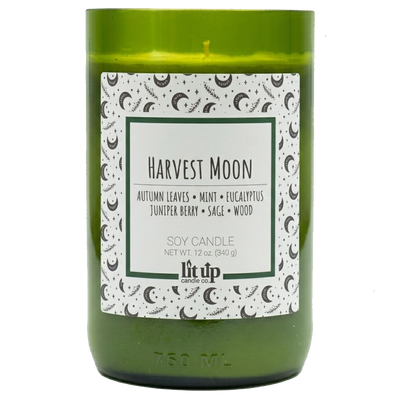 Harvest Moon scented 12 oz. soy candle in upcycled wine bottle