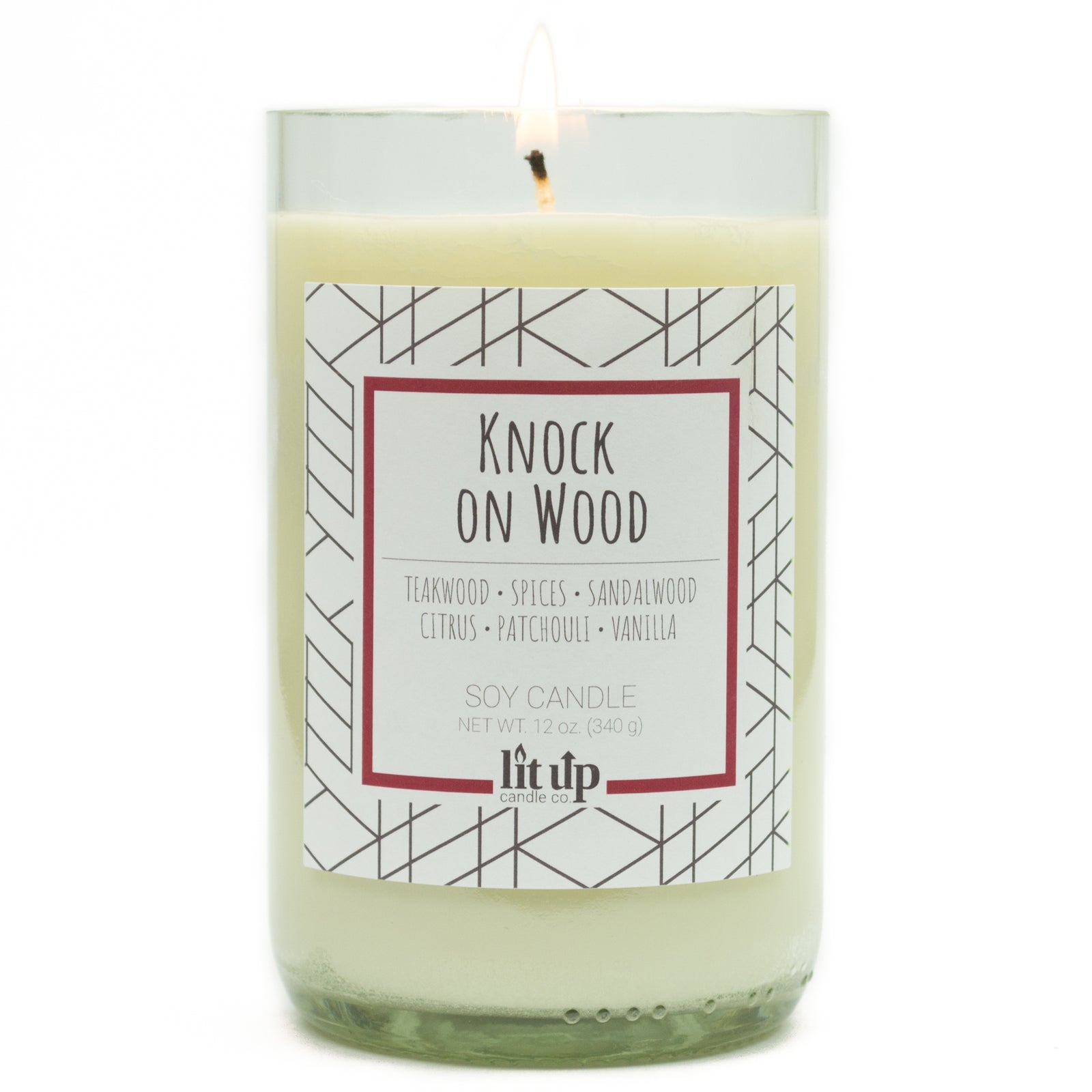 Knock on Wood scented 12 oz. soy candle in upcycled wine bottle