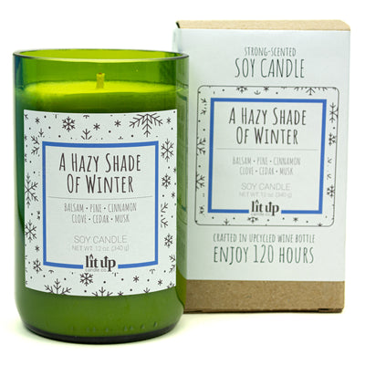 A Hazy Shade of Winter scented 12 oz. soy candle in upcycled wine bottle - FKA Alpine Cheer