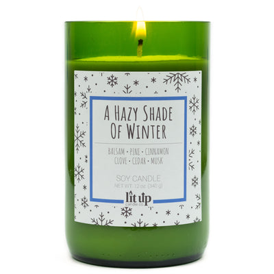 A Hazy Shade of Winter scented 12 oz. soy candle in upcycled wine bottle - FKA Alpine Cheer