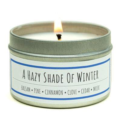 A Hazy Shade of Winter scented 3 oz. soy candle in travel tin - FKA Alpine Cheer