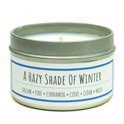 A Hazy Shade of Winter scented 3 oz. soy candle in travel tin - FKA Alpine Cheer