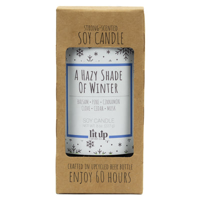 A Hazy Shade of Winter scented 8 oz. soy candle in upcycled beer bottle - FKA Alpine Cheer