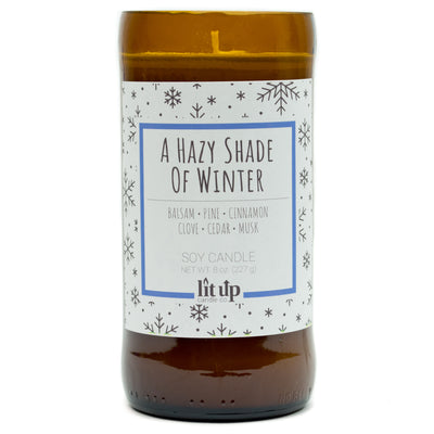 A Hazy Shade of Winter scented 8 oz. soy candle in upcycled beer bottle - FKA Alpine Cheer