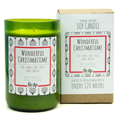 Wonderful Christmastime scented 12 oz. soy candle in upcycled wine bottle - FKA Christmas Hearth