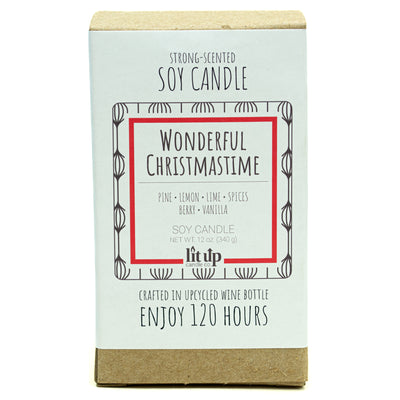 Wonderful Christmastime scented 12 oz. soy candle in upcycled wine bottle - FKA Christmas Hearth