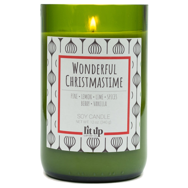 Wonderful Christmastime scented 12 oz. soy candle in upcycled wine bottle - FKA Christmas Hearth