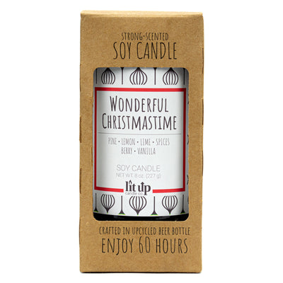 Wonderful Christmastime scented 8 oz. soy candle in upcycled beer bottle - FKA Christmas Hearth