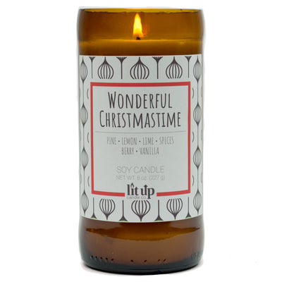 Wonderful Christmastime scented 8 oz. soy candle in upcycled beer bottle - FKA Christmas Hearth