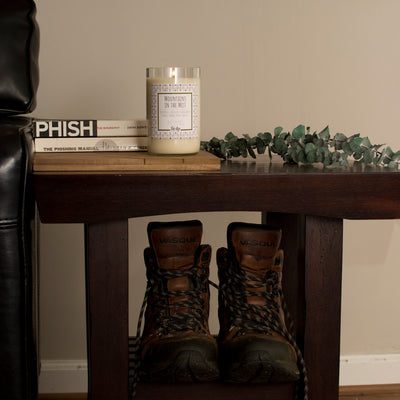 Mountains in the Mist scented 12 oz. soy candle in upcycled wine bottle - FKA Earthen Oak