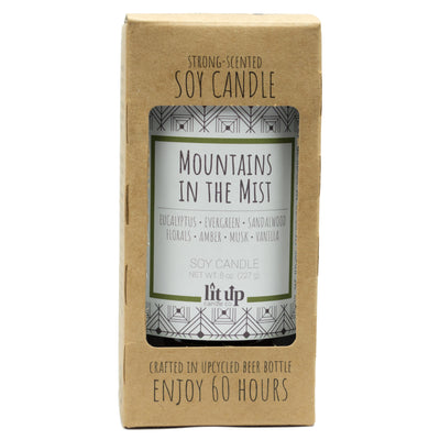 Mountains in the Mist scented 8 oz. soy candle in upcycled beer bottle - FKA Earthen Oak