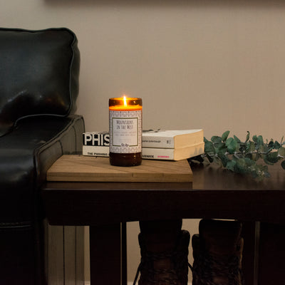 Mountains in the Mist scented 8 oz. soy candle in upcycled beer bottle - FKA Earthen Oak